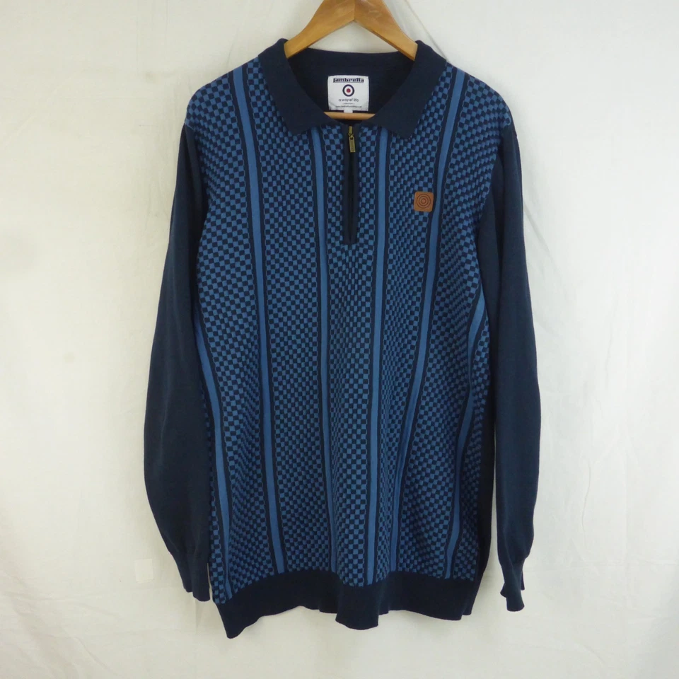 Lambretta 1/4 Zip Up Collared Size Large Blue Navy Checkerboard Long Sleeve - Image 2 of 4