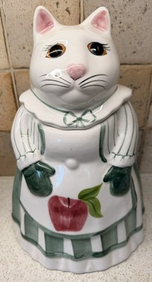 Vintage Laurie Gates Katzen Keksdose Keramik Kätzchen Katze Schürze Apfelgrün Akzente