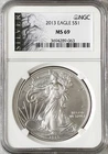 2013 $1 American Silver Eagle NGC MS69 1 Oz 0.999 Fine Bullion Coin #063 Label