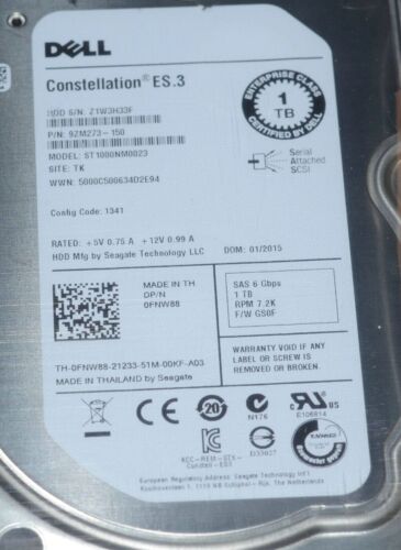 Dell FNW88 0FNW88 ST1000NM0023 1TB 6G 7.2K 3.5" SAS Hard Drive - Picture 2 of 5
