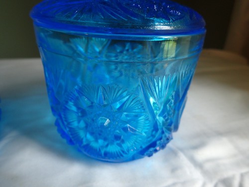 Barattolo cilindrico vintage Kemple Wheaton vetro Yutek blu acqua con coperchio crema zucchero - Foto 10 di 10