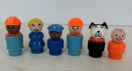 Vintage Fisher Price Little People Set of 6 Plastic Figures Man, Woman, Boy, Dog