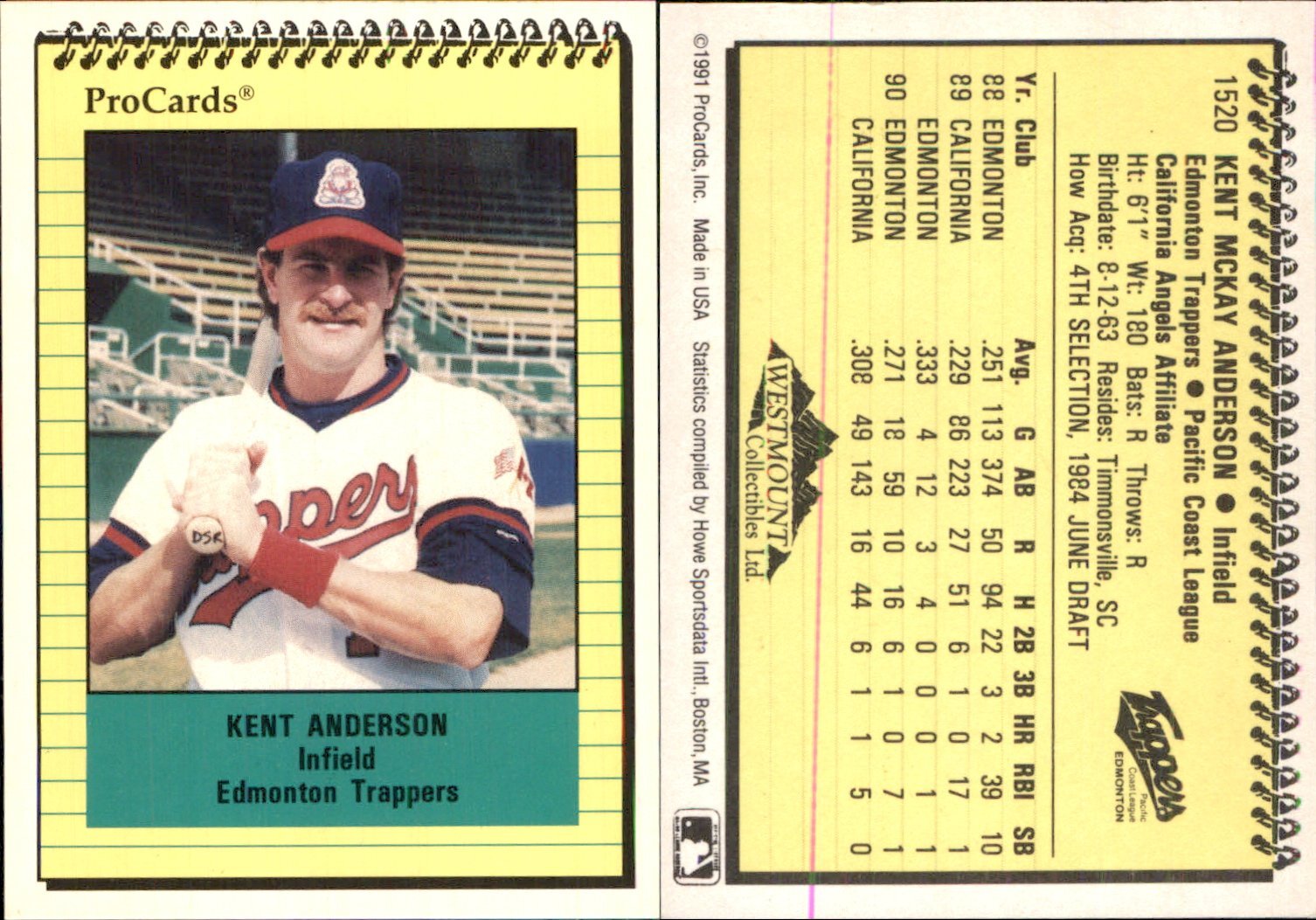 Kent Anderson 1991 ProCards 1520 RC Card Edmonton Trappers eBay