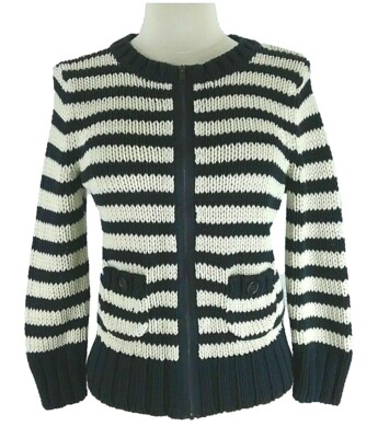 Ann Taylor Loft Sweater M Cardigan Zip Jacket Heavy Cotton Navy Blue Stripe  LN