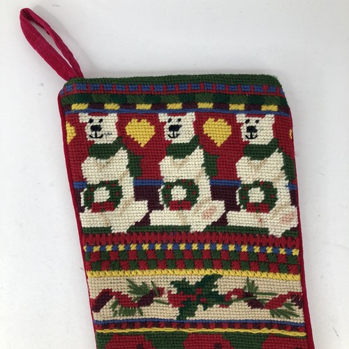 Needlepoint Christmas Stocking Santa Claus Polar Bear Handmade Wool Multicolor - Picture 2 of 6