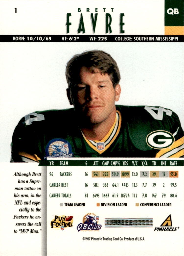 Brett Favre 1997 Pinnacle #1 Football Card superman sp | eBay