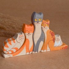 Wooden Animals Cats with Kittens Family Figurines Handmade Puzzle Set Children