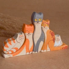 Wooden Animals Cats with Kittens Family Figurines Handmade Puzzle Set Children