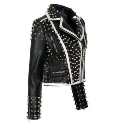 Womens Rivets Pu Leather Lapel Spike Zip Punk Rock Biker Motorcycle Jacket - Image 2 of 4