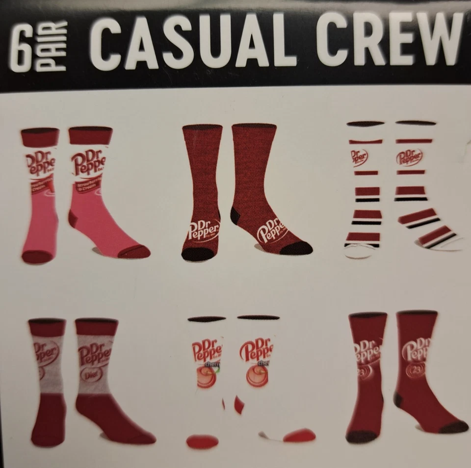 DR. PEPPER Men's Casual Crew Socks 6 Pairs Mens Size 8-12 Bioworld NEW - Image 2 of 4