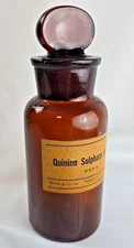 Vtg Dark Amber Brown Glass Apothecary Pharm Bottle Jar Stopper Merck Dispensing