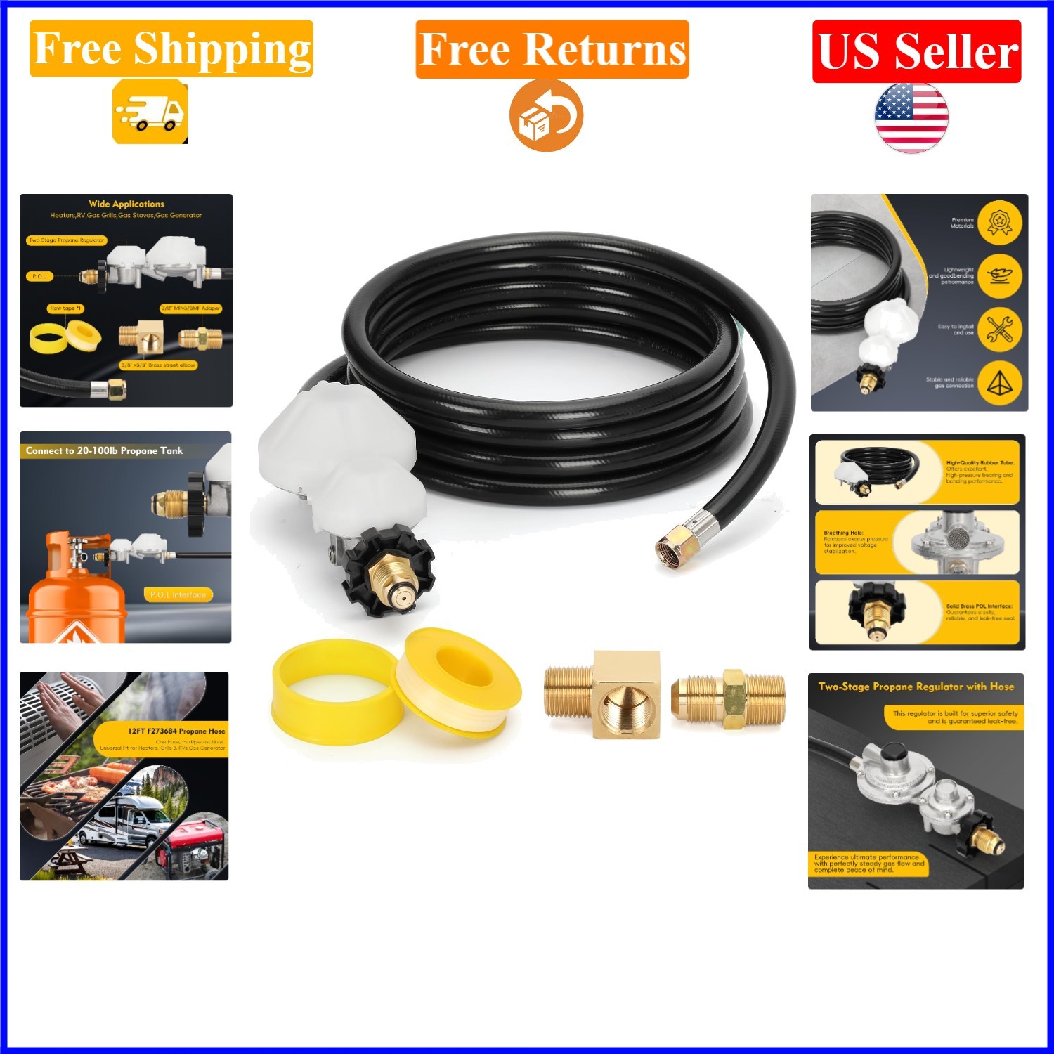 12ft Propane Hose with Regulator for Mr. Heater, RV, Gas Sto