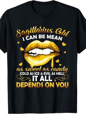 Women's Sagittarius Zodiac T-Shirt - Sweet Candy Lips & Bow & Arrow Symbol, Pl