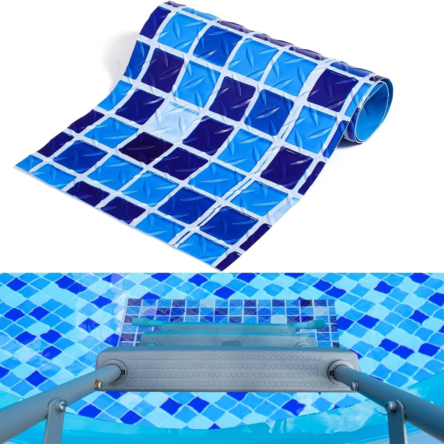 Alfombra de escalera de piscina sobre el suelo 24" X 9", natación X 9", patrón cuadrado azul