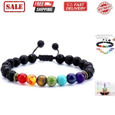 Men Women 8mm Lava Rock Beads Chakra Bracelet Braided Rope Natural Stone Yoga...