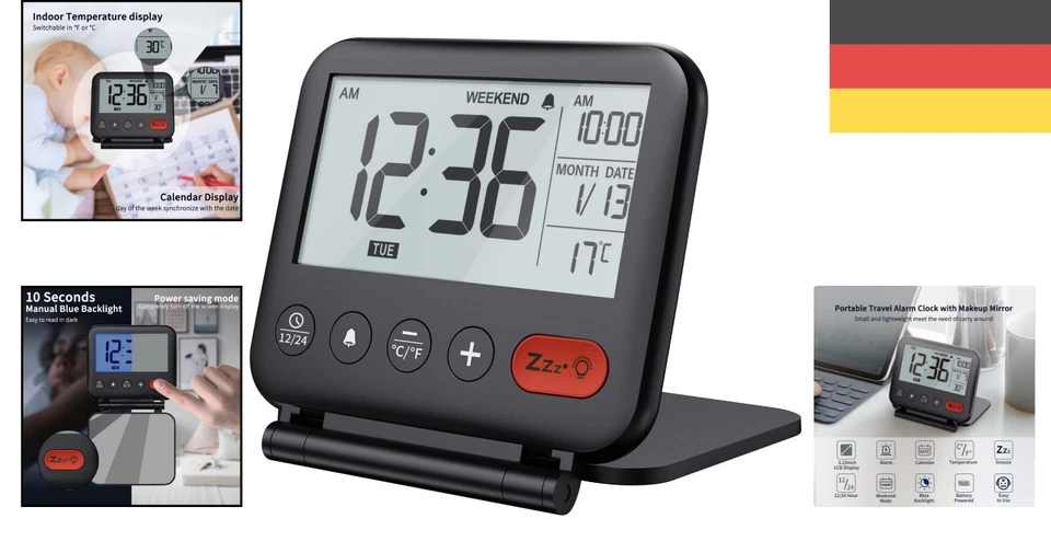 Moderne Tischuhr mit LCD-Hintergrundbeleuchtung - Schlummerfunktion & Kalender - Bild 2 von 4