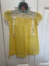 VTG antique Baby Girls Smocked Dress Yellow Sheer Nylon Lace Bows 12 Mo 1950s