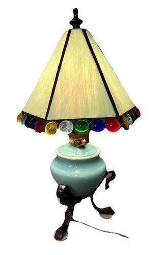 Stunning Vintage Tiffany Style Stained Glass  Lamp ~ 15” Tall Blue Gray & Base
