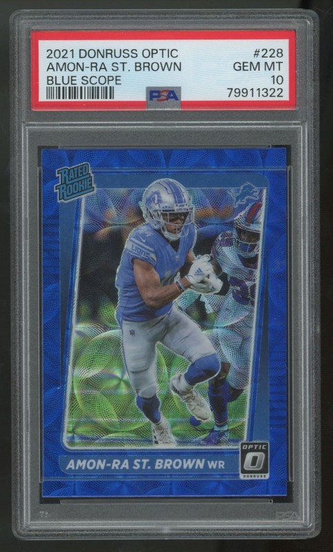 2021 Donruss Optic Amon-Ra St. Brown RC Rated Rookie Blue Scope #228 PSA 10