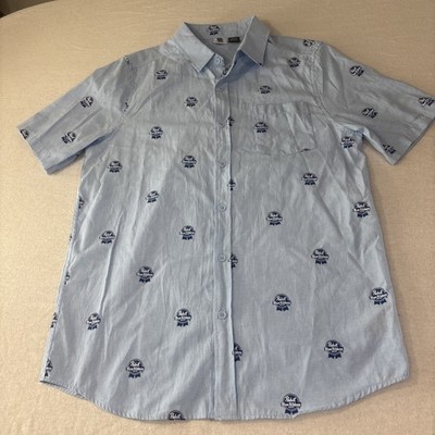 Pabst Blue Ribbon Mens Large Cotton Short Sleeve Button-Up Shirt Beer Bar Man L