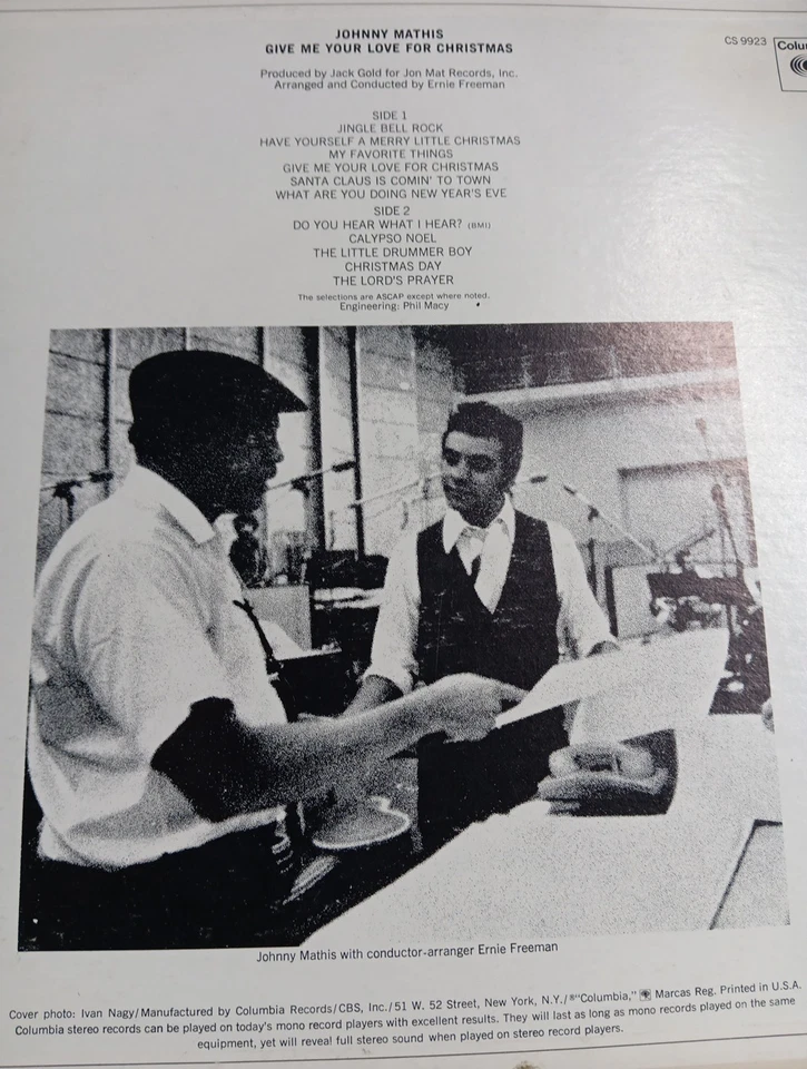 Johnny Mathis – Give Me Your Love For Christmas(Vinyl LP 1969) Columbia CS 9923 - Image 2 of 3