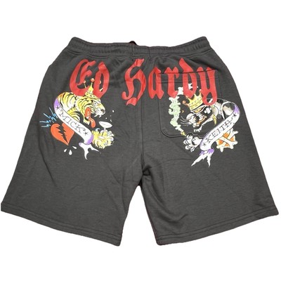 Ed Hardy Mens Small Graphic Tiger Vs Panther Tattoo Fleece Gray Sweat Shorts