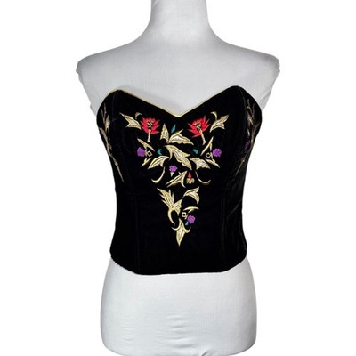 Vintage Victoria s Secret Black Gold Embroidered Velvet Bustier Corset Top Sz L