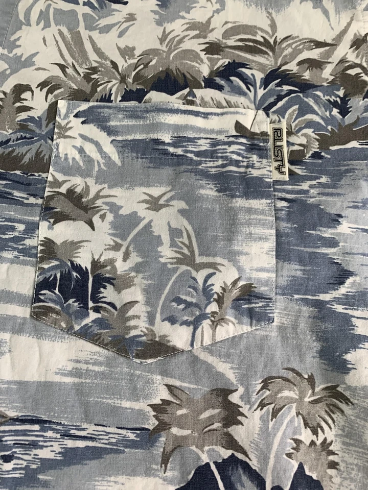 Rusty Shirt Mens Large Blue Gray Hawaiian Aloha Button Up Camp Short Sleeve - Image 4 of 4