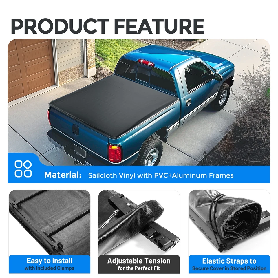 For 1988-2007 GMC Sierra Chevy Silverado 1500 Tonneau Cover 6.5FT Bed Roll-Up - Image 3 of 4