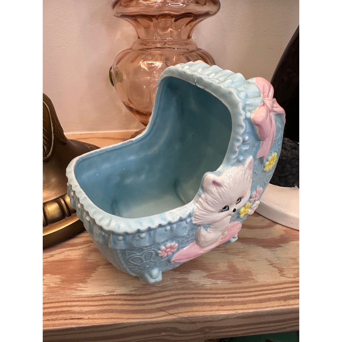 ♥夏の大特価Sale♥素敵なアンティーク　ベビーカート♥ Vintage Japan Ceramic Kitten Cat Baby Carriage Planter Blue Pink