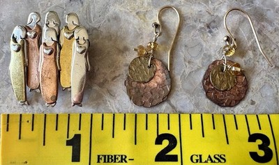 Far Fetched sisters pin/brooch made of 925, copper, and brass. Earrings cooper  