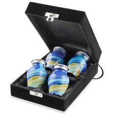 Keepsake Set of 4 Cremation Urns for Human Ashes, Blue Swirl with Velvet Case