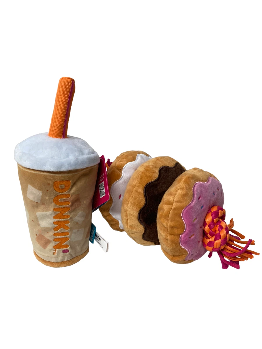 Dunkin Joy Dog Toys Iced Coffee Cup Straw Donuts on a Rope Bark Brand New