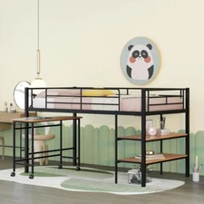 Twin Size Bed Frame Metal Loft Bed with Desk and Shelves for Bedroom Black