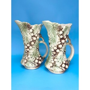 Vintage McCoy Pottery Grape Leaf Pitchers Set of 2 Handled Vases 9”