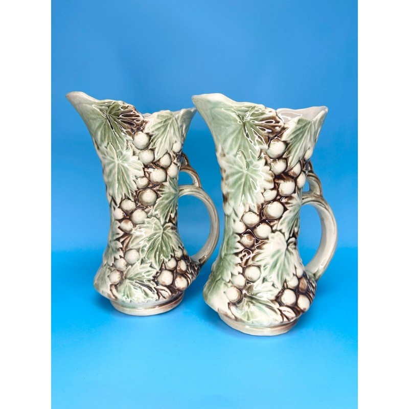 Vintage McCoy Pottery Grape Leaf Pitchers Set of 2 Handled Vases 9”