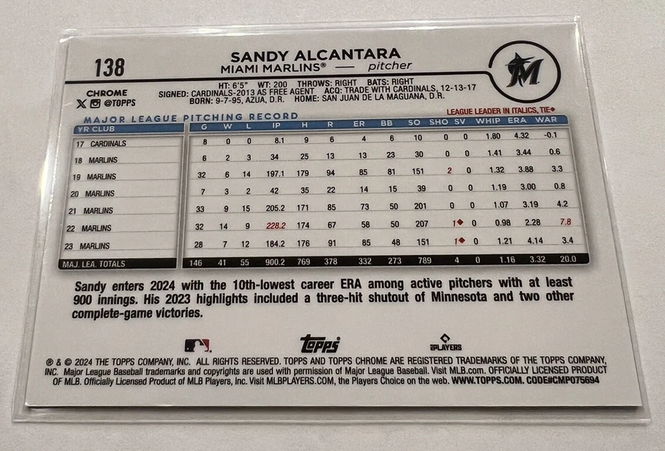 2024 Topps Chrome Sandy Alcantara #138 Negative Refractor Miami Marlins - Image 2 of 2