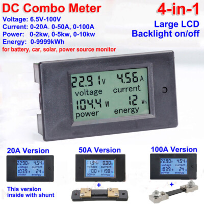 LCD DC Combo Meter 12V 24V 36V 48V Voltage Current KWh Watt Car Battery Monitor
