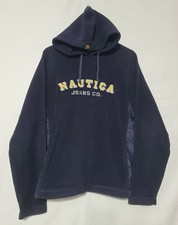 Vtg Nautica Jeans Hoodie Sweater Sz S/P Spell Out Pull Over navy blue Yellow