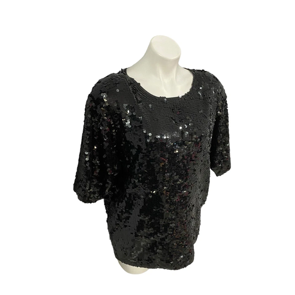 Josephine Chaus Top Womens Medium Black Sequin Holiday Shirt Office Party VTG - Image 4 of 4