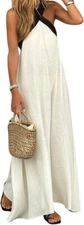 Women Summer Vacation Halter Neck Crossover Contrast Trim Flowy Long Dress