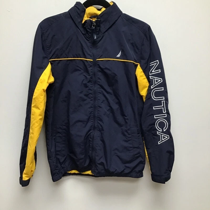 NAUTICA Boys Windbreaker Jacket Blue Yellow Pockets Mock Neck Full