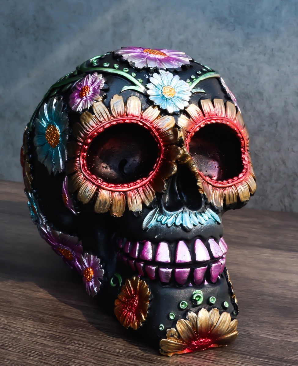 Black Day of The Dead Colorful Floral Blooms Sugar Skull Macabre