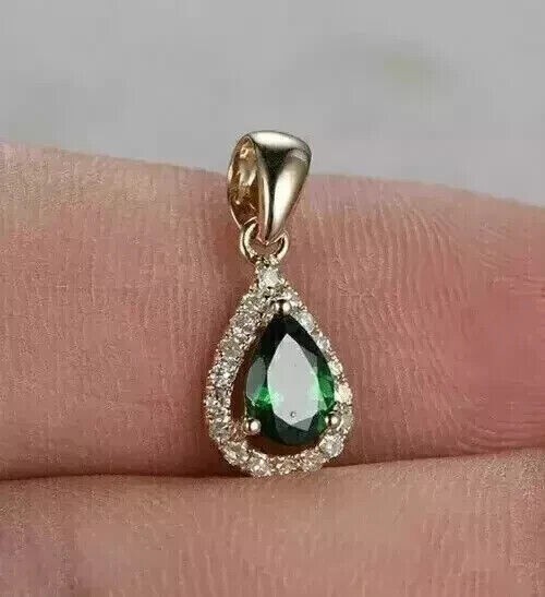 1.50Ct Pear Cut Simulated Green Emerald Halo Pendant In 14K Yellow Gold Plated