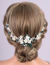 Silver Leaf Flower Hair Vine, Blue Crystal, Bridal Wedding Headband, Headpiece