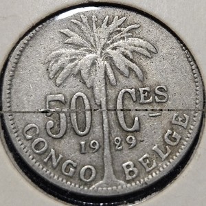 1929 Belgian Congo 50 Centimes Copper-Nickel Coin