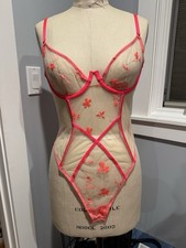 Savage x Fenty Sheer Floral Embroidered Bodysuit Teddy in Neon Pink Medium