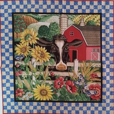 Joan Kessler 1 "Barn right , Cow, Sunflowers" Cotton Fabric 15"x15.25"