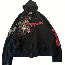 Felpa con cappuccio Insane Y2K nera Y2K zip stile archivio afflizione rara skate UK