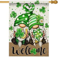 Welcome St. Patrick's Day Gnome House Flag Double Sided, Lucky Shamrock